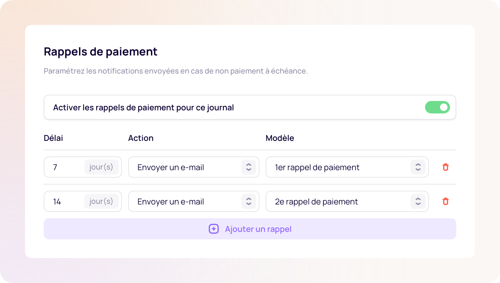 Configuration des rappels de paiement